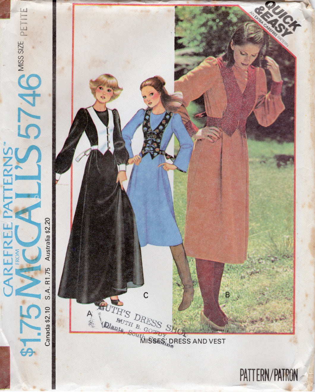 1970's McCall's One Piece Dress and Vest Pattern - Bust 30.5-31.5