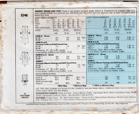 1970's McCall's One Piece Dress and Vest Pattern - Bust 30.5-31.5" - No. 5746