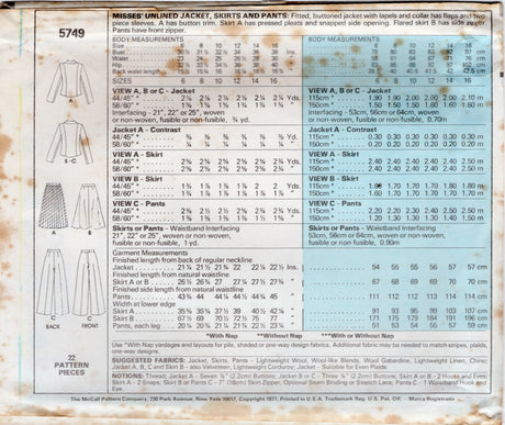 1970's McCall's Marlo's Corner Unlined Jacket, Skirt and Pants - Bust 30.5-32.5" - No. 5749