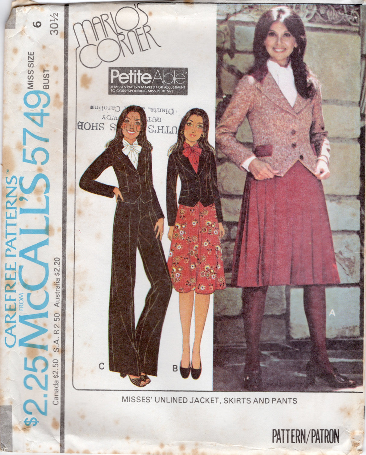 1970's McCall's Marlo's Corner Unlined Jacket, Skirt and Pants - Bust 30.5-32.5" - No. 5749