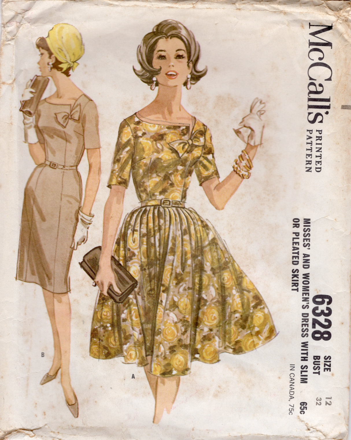 1960's McCall's Asymmetrical Neckline with Bow Fit and Flare Dress Pattern - Bust 32" - No. 6328