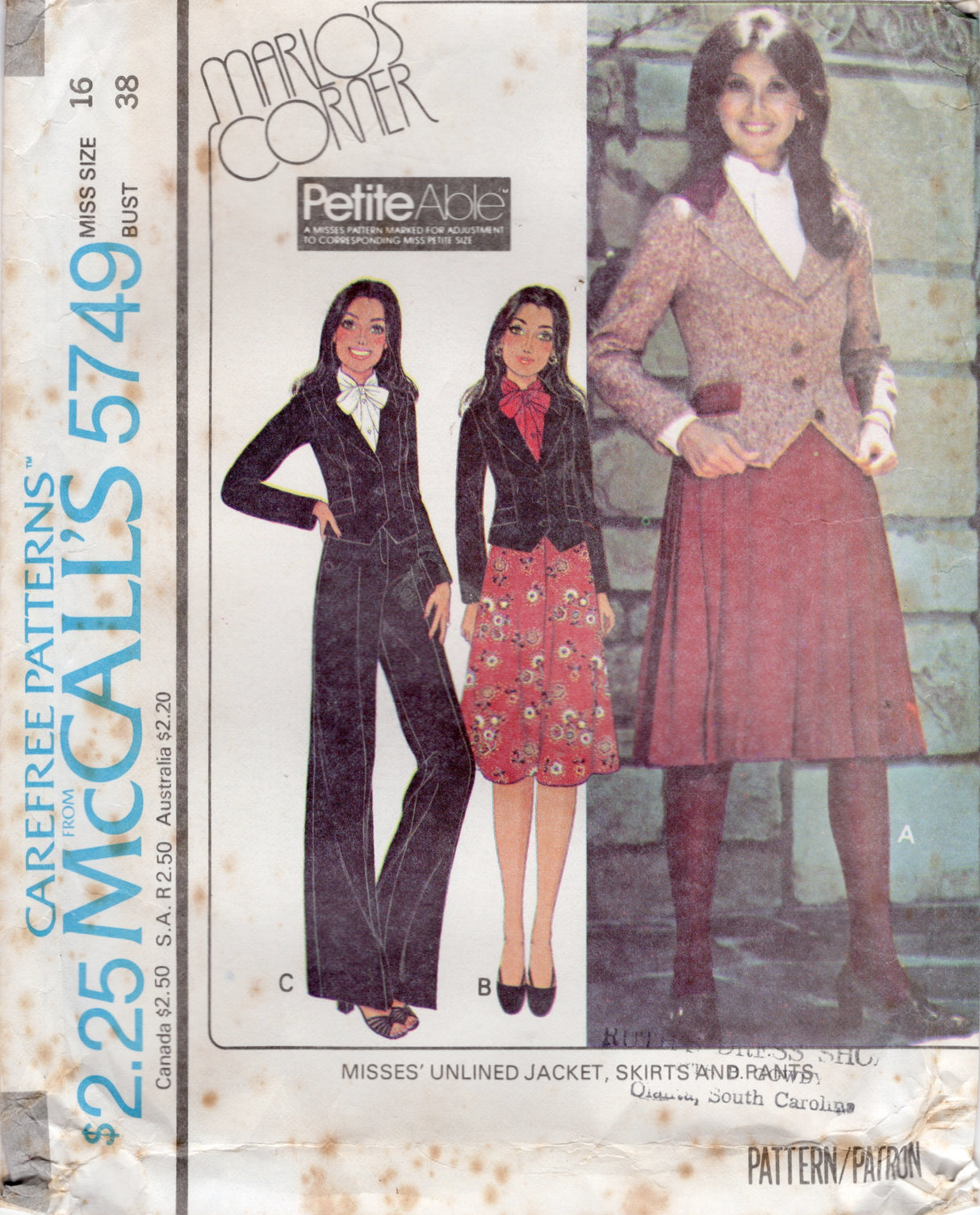 1970's McCall's Marlo's Corner Unlined Jacket, Skirt and Pants - Bust 30.5-38" - No. 5749