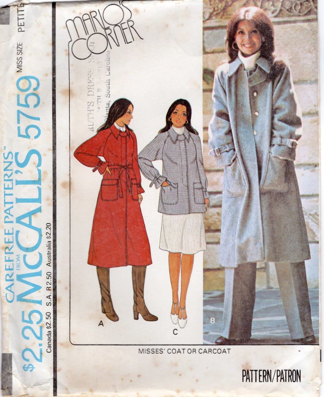 1970's McCall's Marlo's Corner Coat or Carcoat with raglan sleeves pattern - Bust 30.5-46