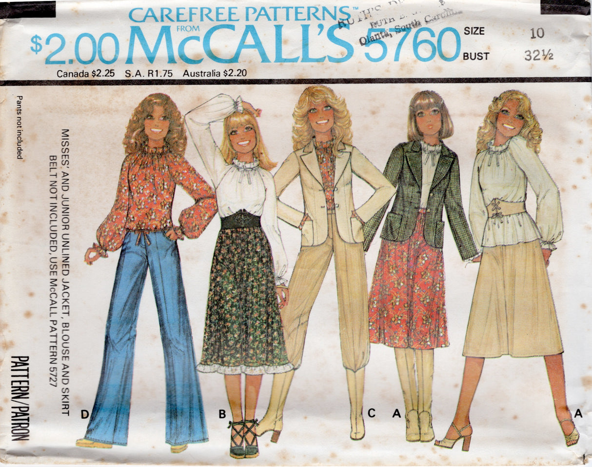 1970's McCall's Gathered Neckline Blouse with Full Sleeves, Unlined Jacket and A-Line Skirt in two lengths pattern - Bust 31.5-38" - No. 5760