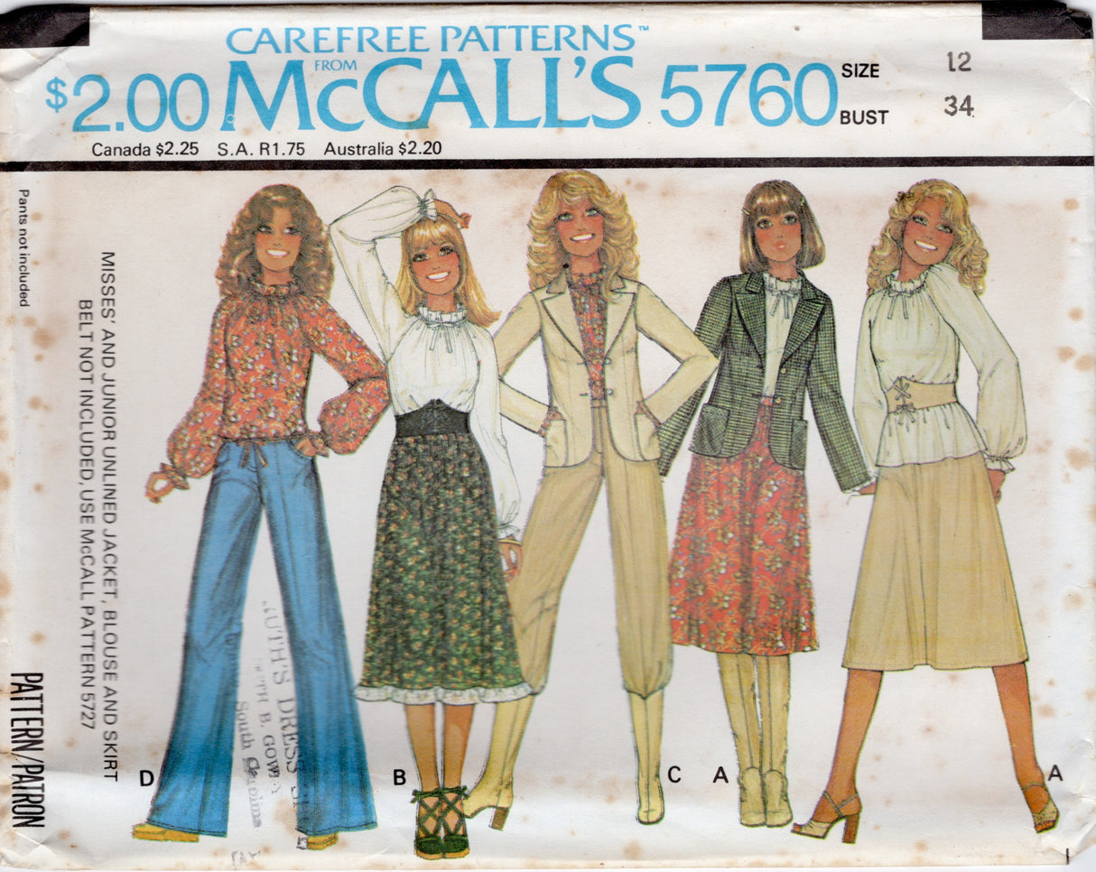 1970's McCall's Gathered Neckline Blouse with Full Sleeves, Unlined Jacket and A-Line Skirt in two lengths pattern - Bust 31.5-38" - No. 5760