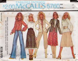 1970's McCall's Gathered Neckline Blouse with Full Sleeves, Unlined Jacket and A-Line Skirt in two lengths pattern - Bust 31.5-38" - No. 5760