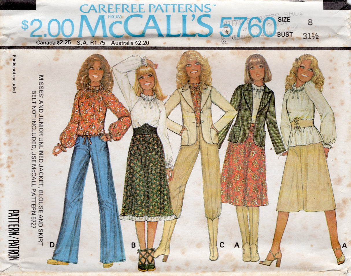 1970's McCall's Gathered Neckline Blouse with Full Sleeves, Unlined Jacket and A-Line Skirt in two lengths pattern - Bust 31.5-38" - No. 5760