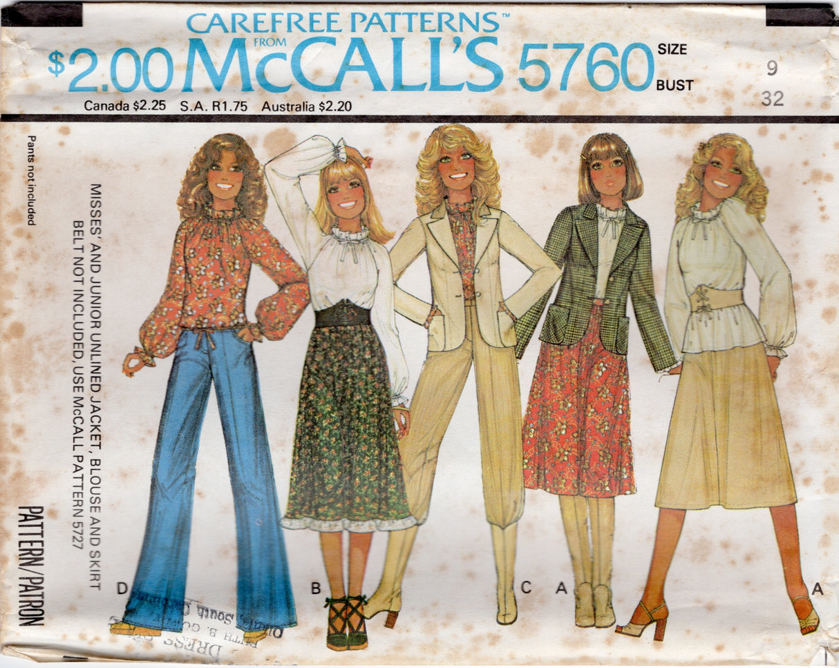 1970's McCall's Gathered Neckline Blouse with Full Sleeves, Unlined Jacket and A-Line Skirt in two lengths pattern - Bust 31.5-38" - No. 5760