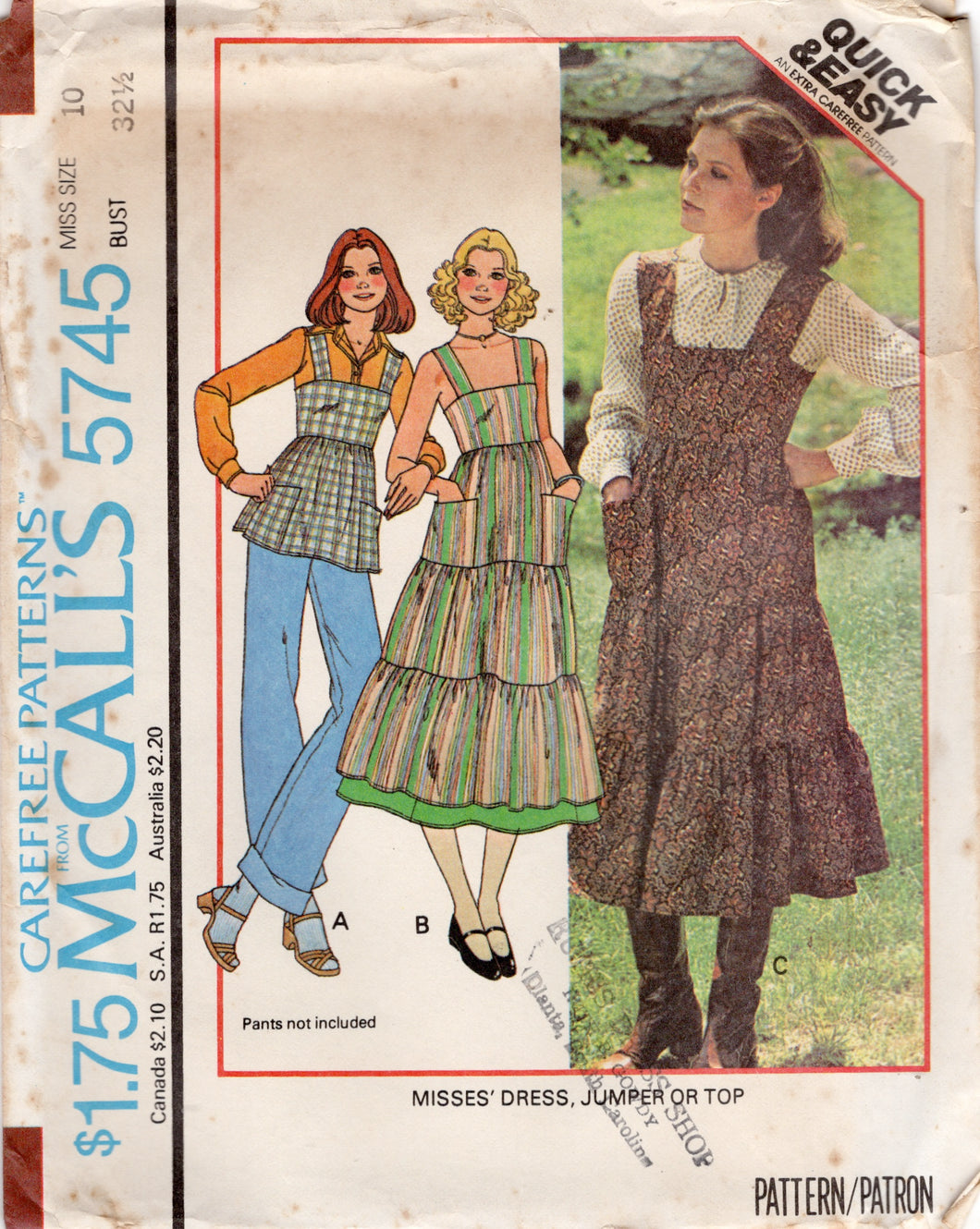 1970's McCall's One Piece Dress or Top with Tiered Skirt - Bust 32.5-38