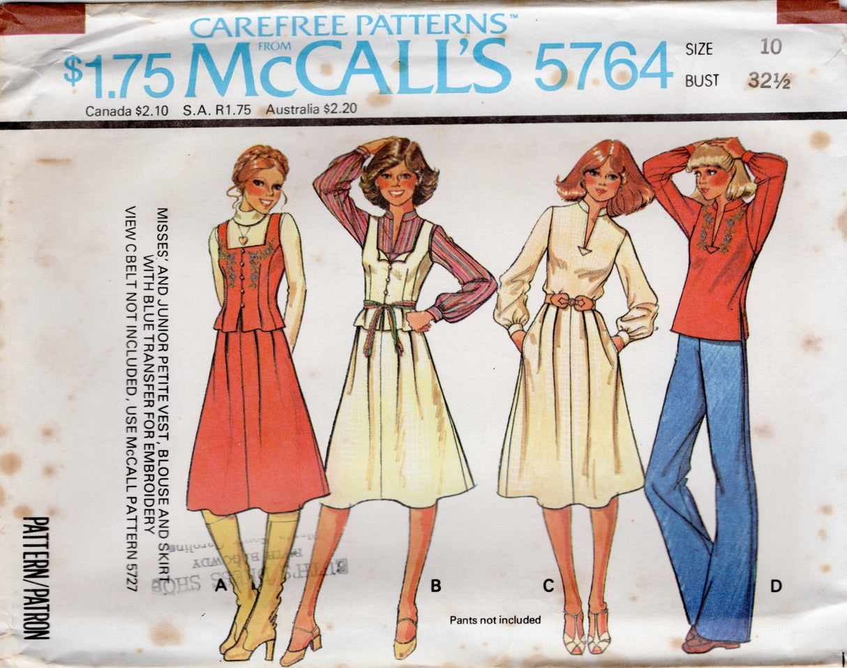 1970's McCall's Princess line Vest, Mandarin Collar Blouse and softly pleated A line Skirt  pattern - Bust 31" - 34" - No. 5764