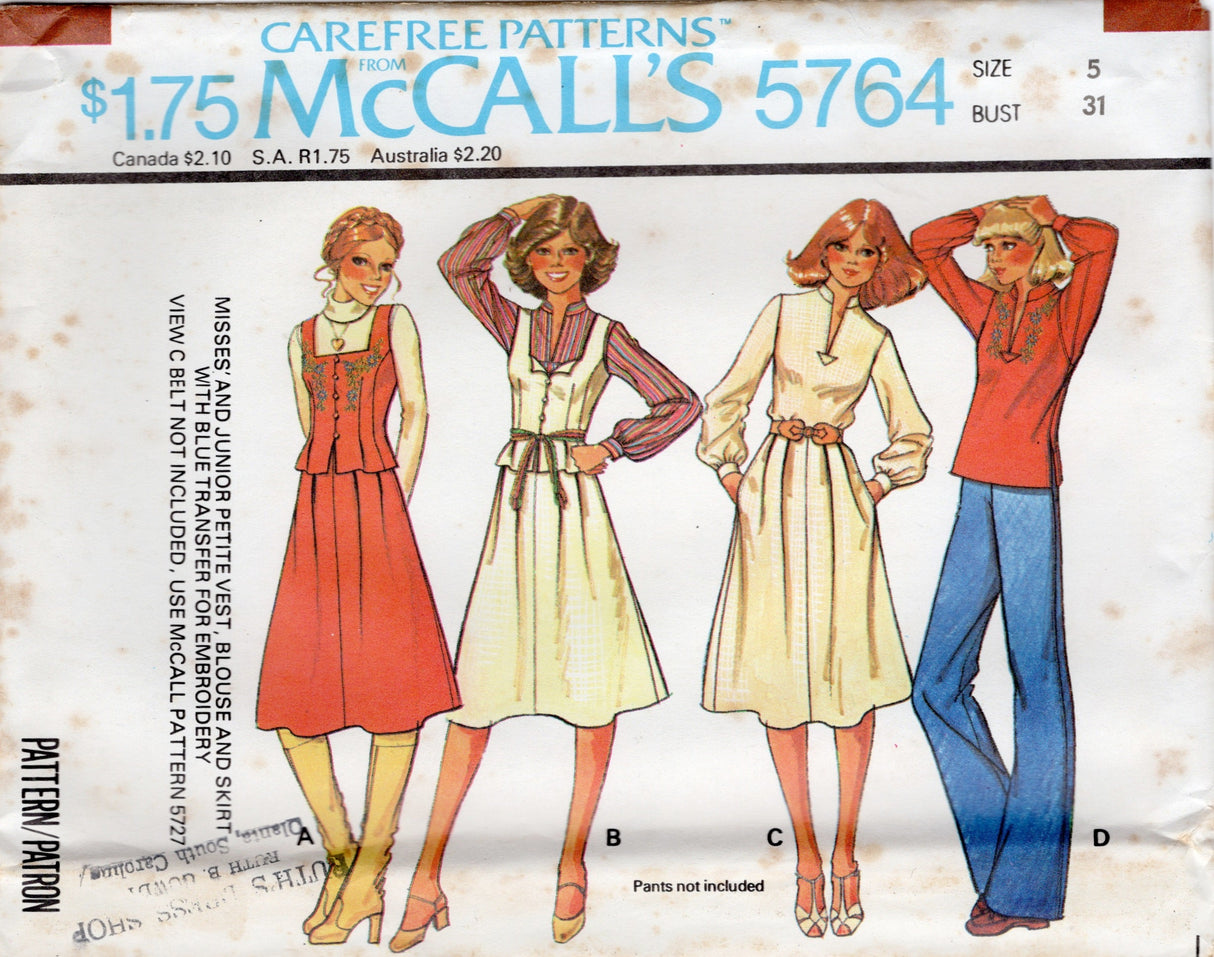 1970's McCall's Princess line Vest, Mandarin Collar Blouse and softly pleated A line Skirt  pattern - Bust 31" - 34" - No. 5764