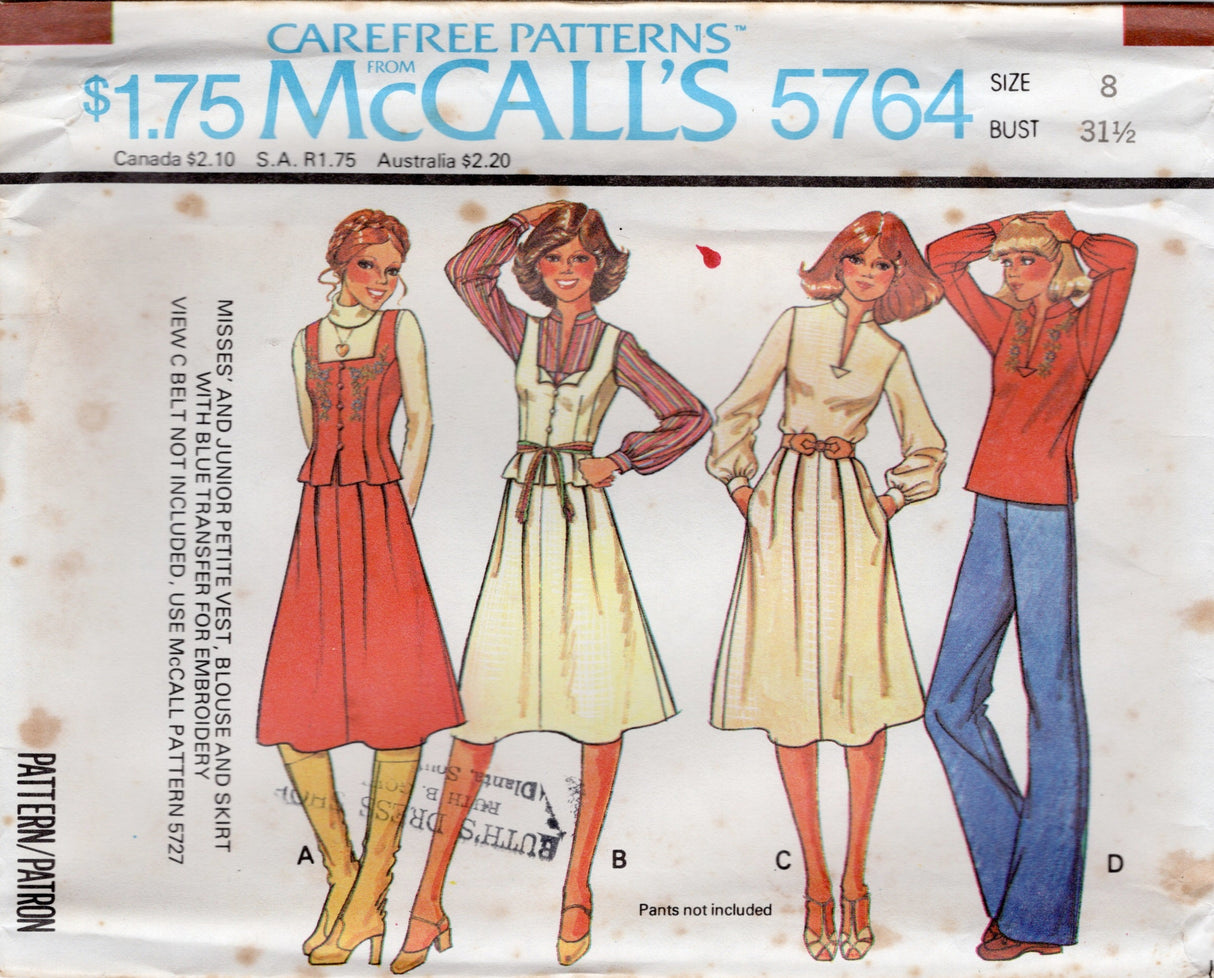 1970's McCall's Princess line Vest, Mandarin Collar Blouse and softly pleated A line Skirt  pattern - Bust 31" - 34" - No. 5764