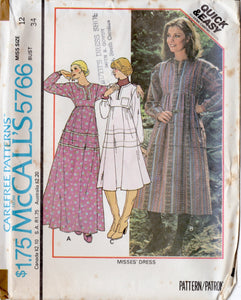 1970's McCall's Empire Waisted Pullover Dress with dolman sleeves pattern - Bust 30.5-38" - No. 5766