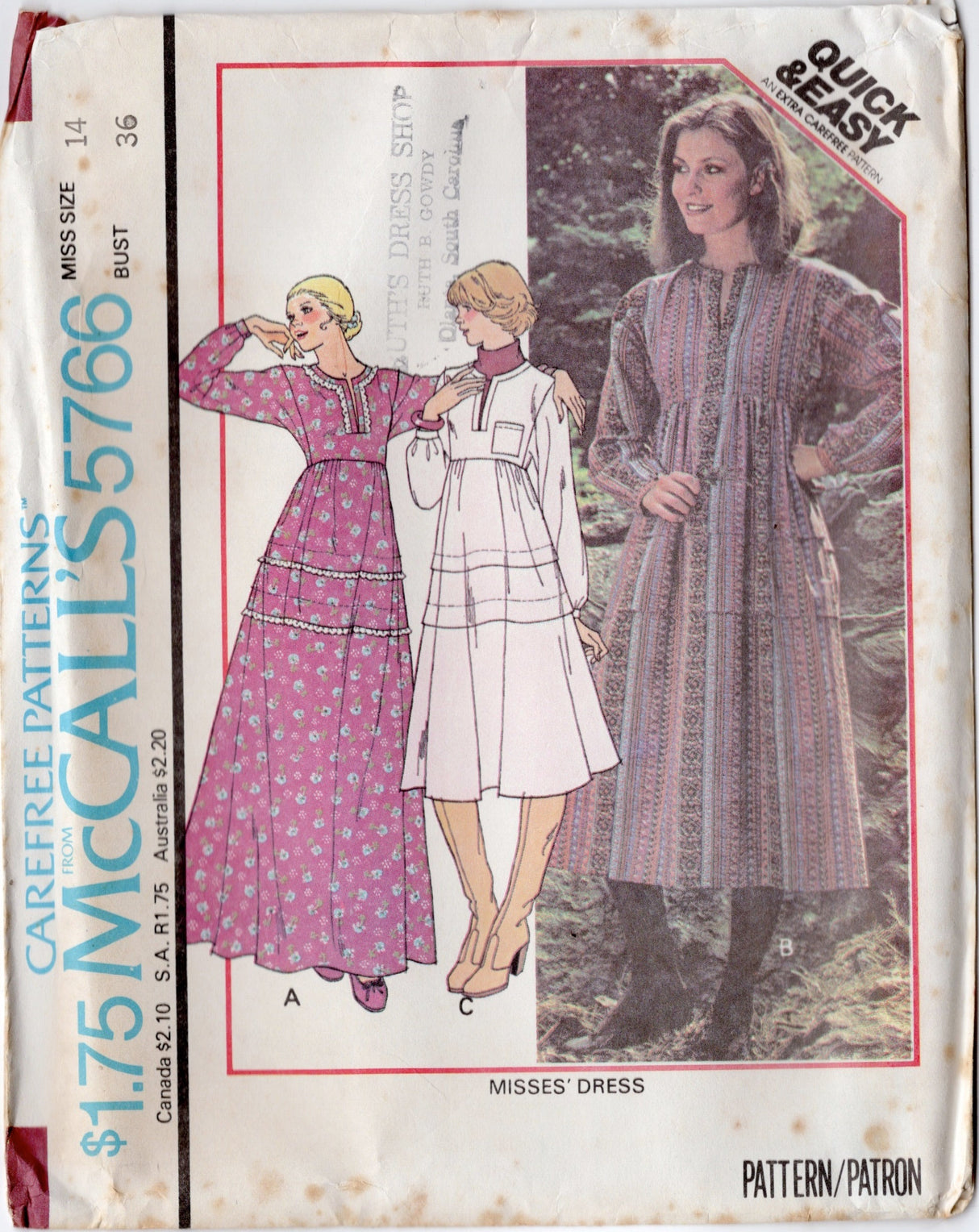 1970's McCall's Empire Waisted Pullover Dress with dolman sleeves pattern - Bust 30.5-38" - No. 5766