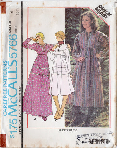 1970's McCall's Empire Waisted Pullover Dress with dolman sleeves pattern - Bust 30.5-38