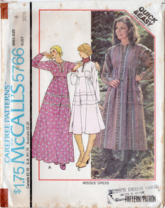 1970's McCall's Empire Waisted Pullover Dress with dolman sleeves pattern - Bust 30.5-38" - No. 5766