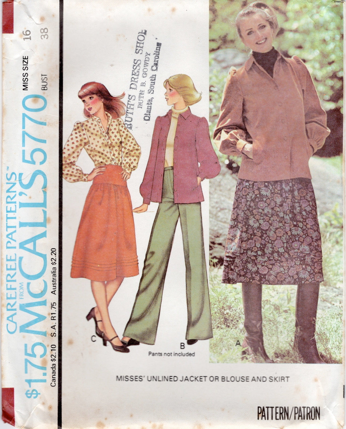 1970's McCall's Unlined Jacket or blouse, and Yoked skirt pattern - Bust 31.5-38" - No. 5770