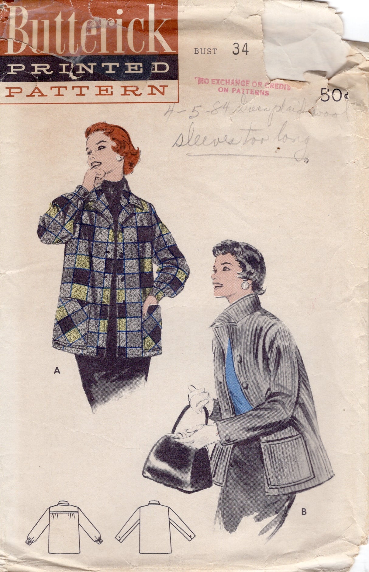 1950's Butterick Man-Tailored Box Jacket Pattern - Bust 34" - No. 7044