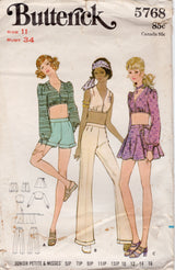 1970's Butterick Crop Top, Mini Wrap Skirt and Pants or Shorts Pattern - Bust 34" - No. 5768