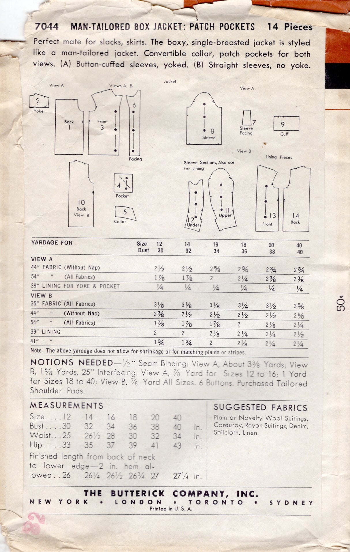 1950's Butterick Man-Tailored Box Jacket Pattern - Bust 34" - No. 7044
