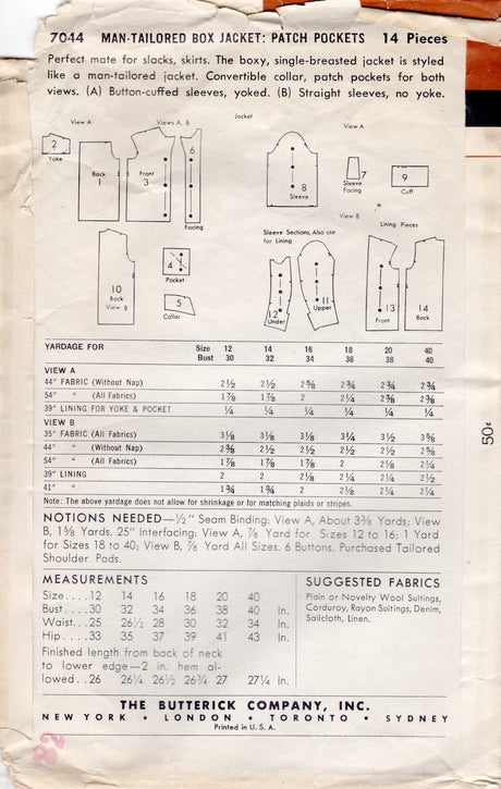 1950's Butterick Man-Tailored Box Jacket Pattern - Bust 34" - No. 7044