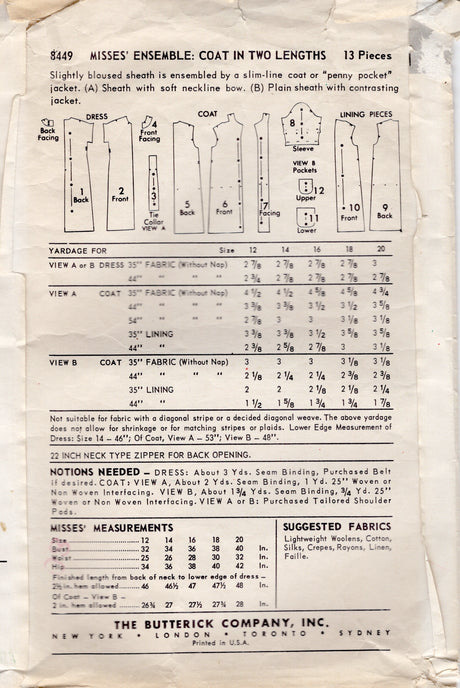 1950's Butterick Sheath Dress and Straight Line Jacket or Coat pattern - Bust 34" - No. 8449