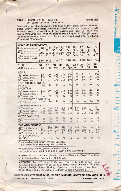1970's Butterick Crop Top, Mini Wrap Skirt and Pants or Shorts Pattern - Bust 34" - No. 5768