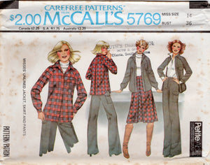 1970's McCall's Unlined Jacket with raglan sleeves, skirt and pants pattern - Bust 30.5-38" - No. 5769