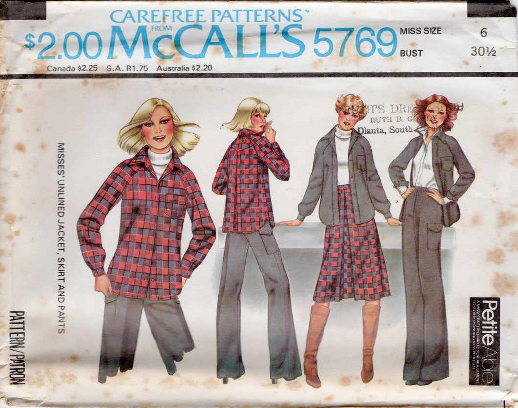 1970's McCall's Unlined Jacket with raglan sleeves, skirt and pants pattern - Bust 30.5-38