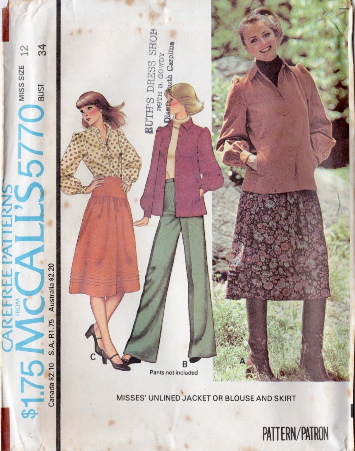 1970's McCall's Unlined Jacket or blouse, and Yoked skirt pattern - Bust 31.5-38" - No. 5770