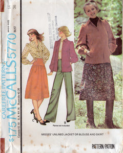 1970's McCall's Unlined Jacket or blouse, and Yoked skirt pattern - Bust 31.5-38" - No. 5770