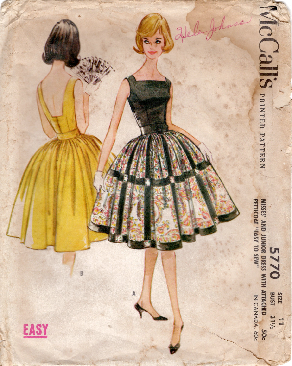 1960's McCall's One Piece Dress Pattern with Low Cut Back and Full Skirt - Bust 31.5" - No. 5770