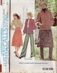 1970's McCall's Unlined Jacket or blouse, and Yoked skirt pattern - Bust 31.5-38" - No. 5770