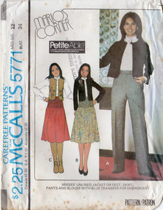 1970's McCall's Marlo's Corner Unlined Jacket or Vest, Tucked Skirt, Pants and Blouse pattern includes Embroidery - Bust 30.5-38" - No. 5771