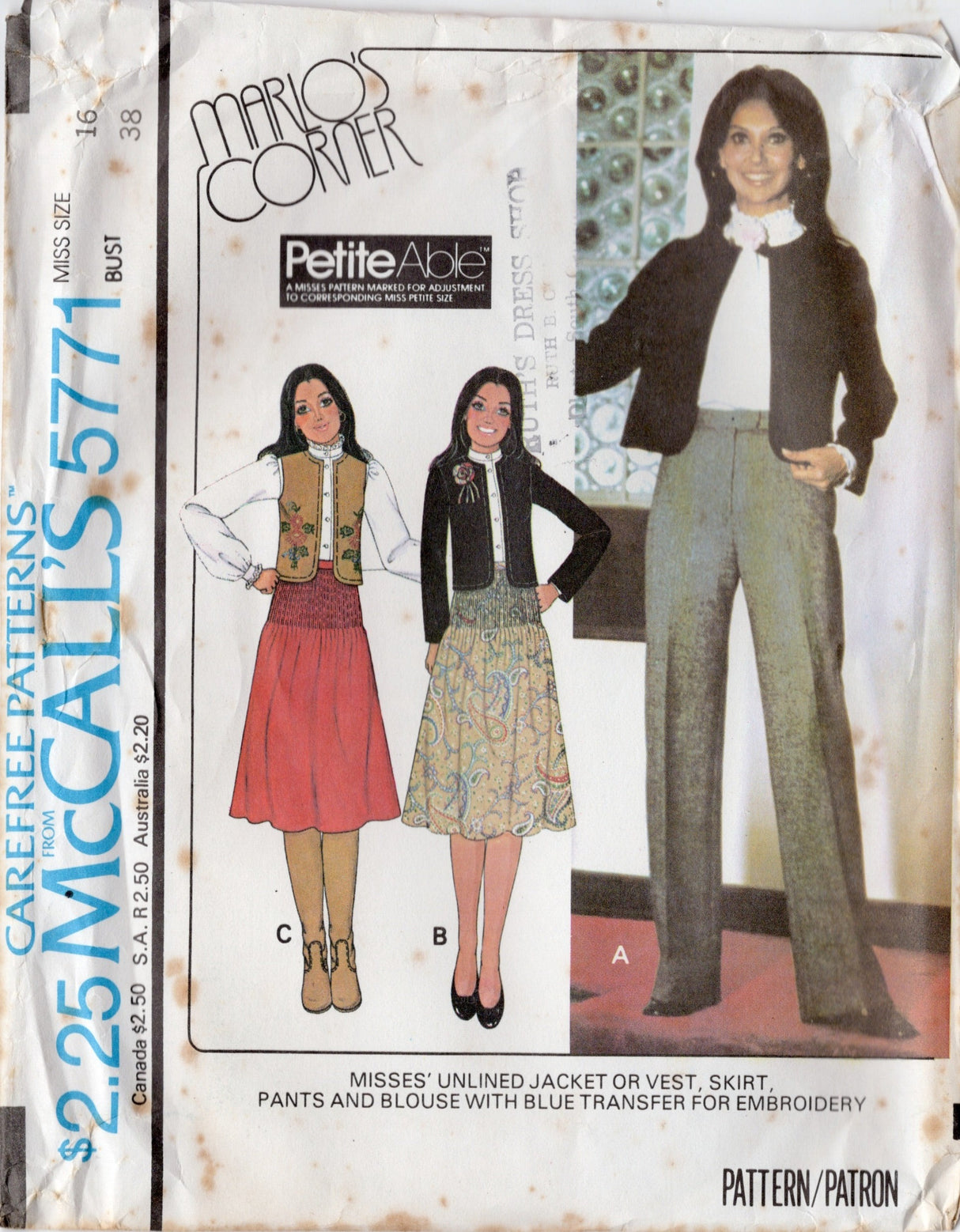 1970's McCall's Marlo's Corner Unlined Jacket or Vest, Tucked Skirt, Pants and Blouse pattern includes Embroidery - Bust 30.5-38" - No. 5771