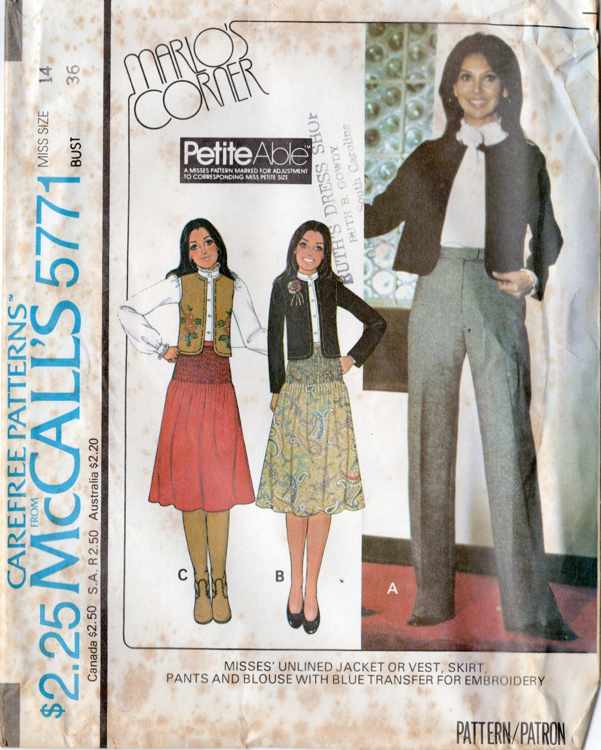 1970's McCall's Marlo's Corner Unlined Jacket or Vest, Tucked Skirt, Pants and Blouse pattern includes Embroidery - Bust 30.5-38" - No. 5771