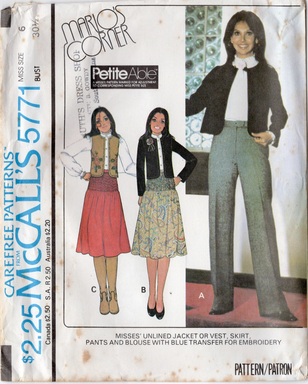 1970's McCall's Marlo's Corner Unlined Jacket or Vest, Tucked Skirt, Pants and Blouse pattern includes Embroidery - Bust 30.5-38