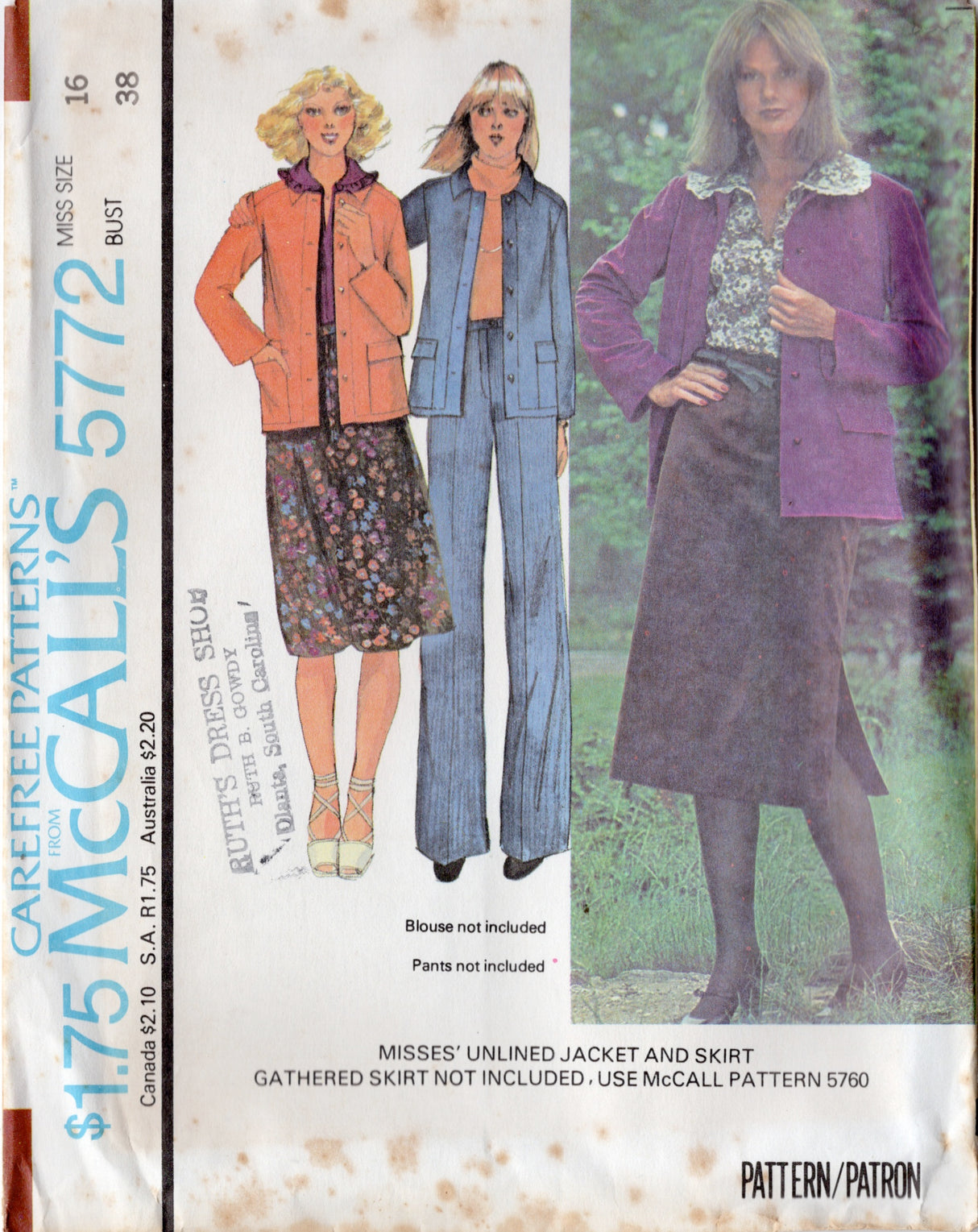 1970's McCall's Unlined Jacket and Straight Line Skirt pattern - Bust 31.5-36" - No. 5772