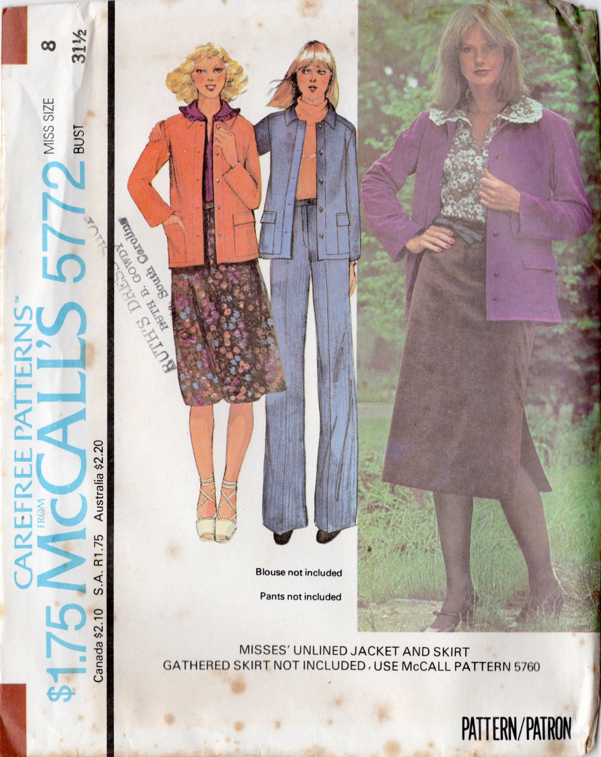 1970's McCall's Unlined Jacket and Straight Line Skirt pattern - Bust 31.5-36" - No. 5772