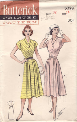 1950's Butterick Shirtwaist Dress Pattern with Short Sleeve and Rolled Collar - Bust 32