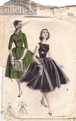1950's Butterick Boat Neck or Button up Bodice and Fitted Waist Dress Pattern - Bust 34