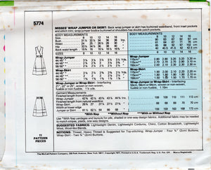 1970's McCall's Wrap Jumper or Skirt Pattern - Bust 31.5-38" - No. 5774
