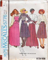 1970's McCall's Button Up Blouse with Large Sleeves, Pullover Top, and A-line Skirt with attached peplum - Bust 30.5-36" - No. 5776