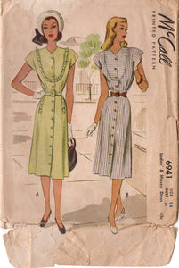 1940's McCall One Piece Dress with Large Yoke Front with or without Ruffle Accent - Bust 34" - No. 6941
