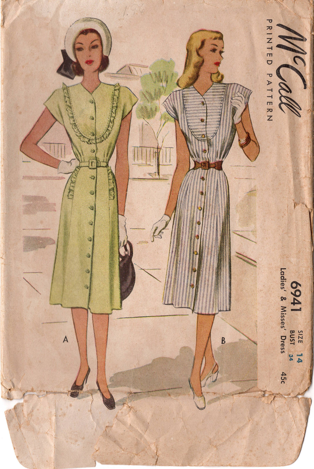 1940's McCall One Piece Dress with Large Yoke Front with or without Ruffle Accent - Bust 34