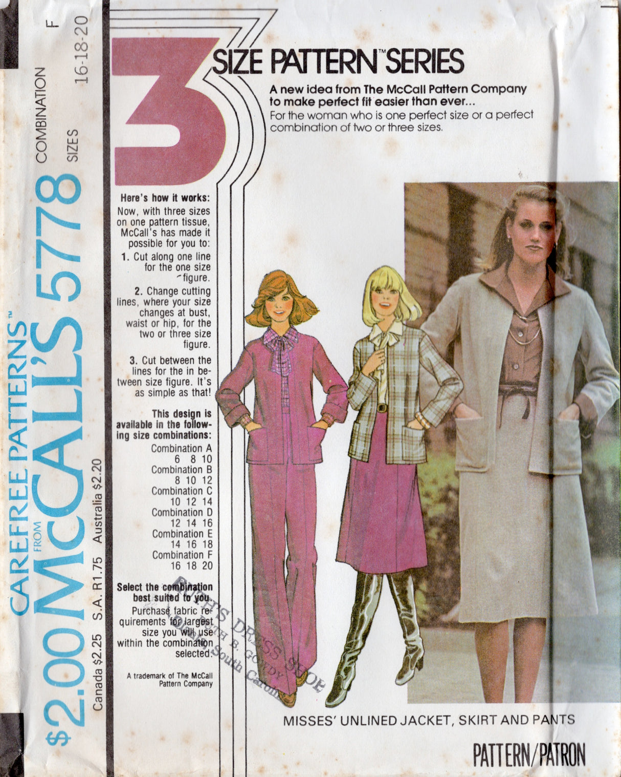 1970's McCall's Unlined Jacket and Straight Line Skirt and Pants pattern - Bust 30.5-36" - No. 5778