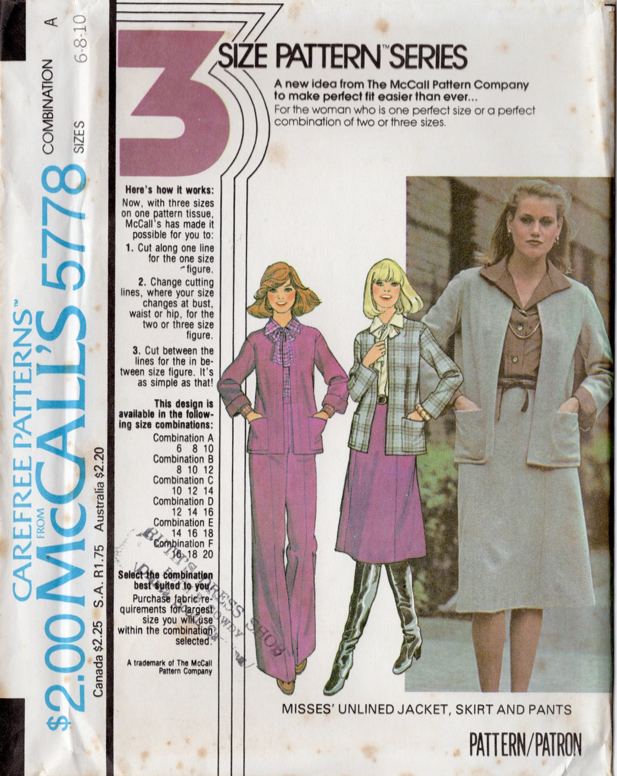 1970's McCall's Unlined Jacket and Straight Line Skirt and Pants pattern - Bust 30.5-36" - No. 5778