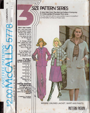 1970's McCall's Unlined Jacket and Straight Line Skirt and Pants pattern - Bust 30.5-36