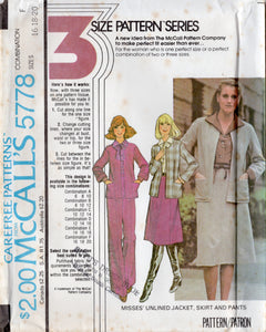 1970's McCall's Unlined Jacket and Straight Line Skirt and Pants pattern - Bust 30.5-42" - No. 5778