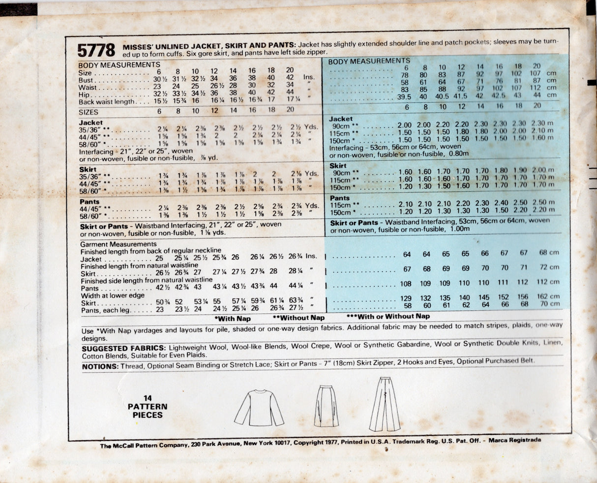 1970's McCall's Unlined Jacket and Straight Line Skirt and Pants pattern - Bust 30.5-36" - No. 5778